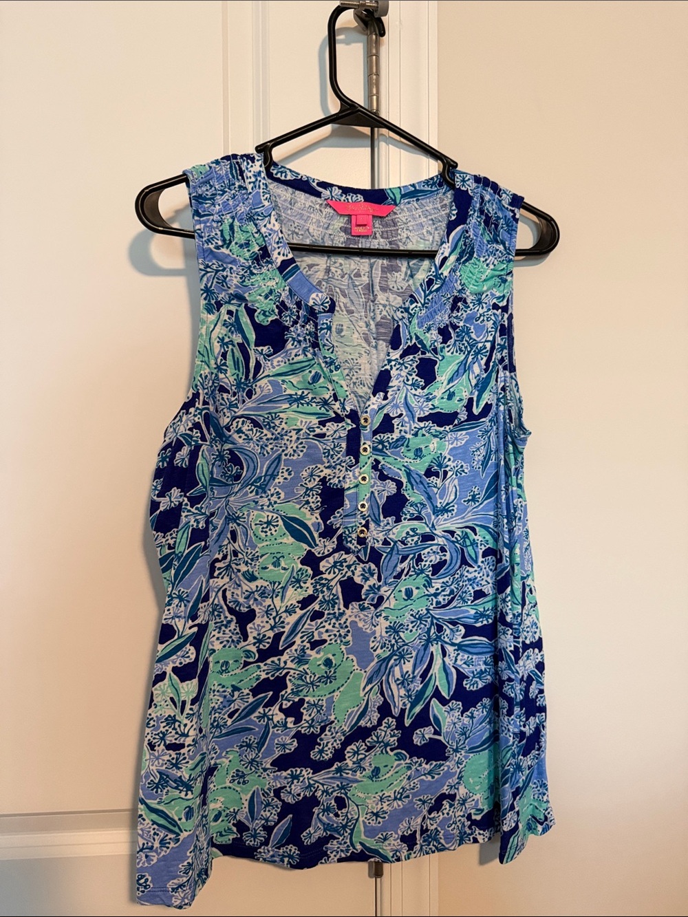 Lilly Pulitzer Blue & Green Floral Sleeveless Henley Tank